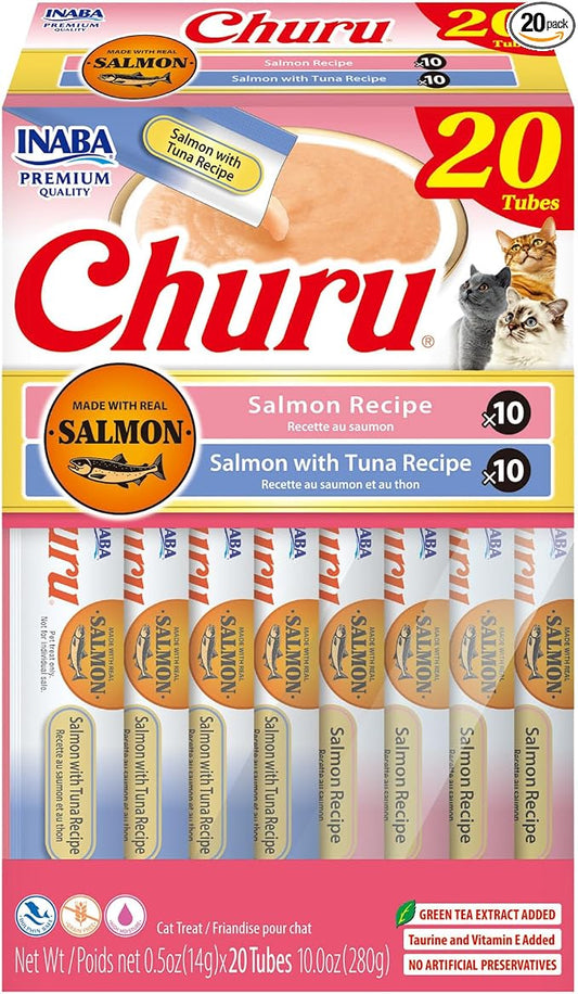 INABA Salmon Churu Cat Treats, Lickable, Squeezable Creamy Pur??e Cat Treat with Green Tea Extract & Taurine, 0.5 Ounces Each Tube, 20 Tubes, Salmon & Tuna Variety Box by INABA