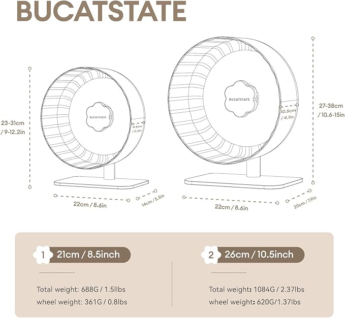 Bucatstate Hamster Exercise Wheel Super-Silent with Adjustable Base Dual-Bearing Cage Accessories Quiet Spinning Running Wheel for Dwarf Syrian Hamster Gerbils and Other Small Animals