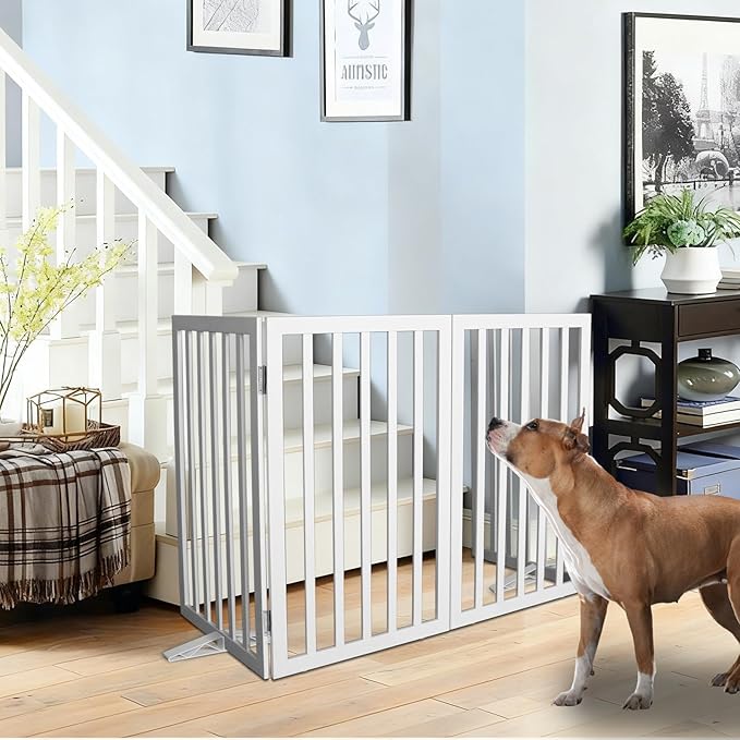 Dog Gate Indoor, Freestanding Dog Fence for The House, Doorways, Hallways,or Stairs,Pet Gate Foldable Wooden,Expandable 32" Height 6 Panels,White