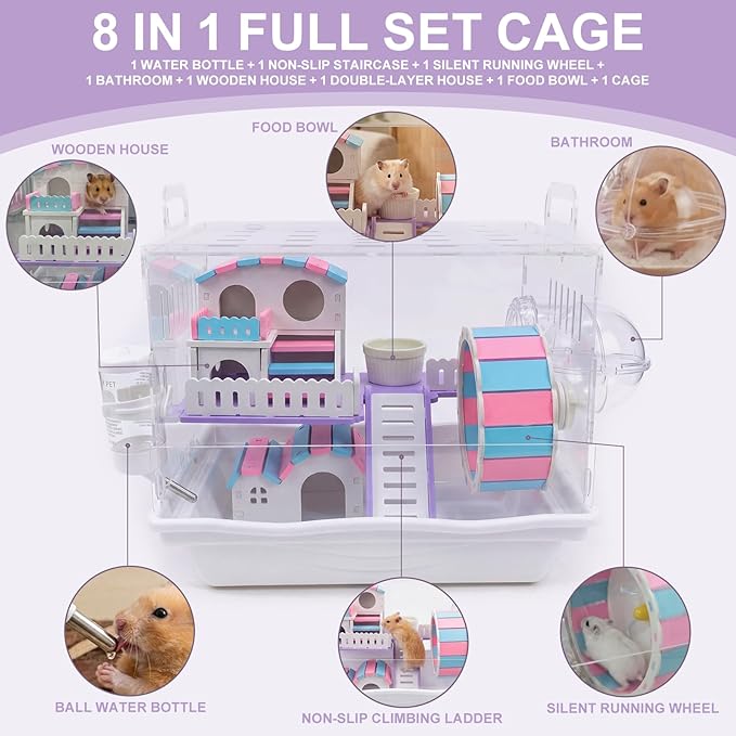 Loungewave Acrylic Hamster Cage, 2-Tier Gerbil Cage with Wooden Wheel, Small Dwarf Hamster Cage Habitat, Garden Mouse Cage for Pet Mice, Clear View Inside Easy to Clean, Pink-Blue