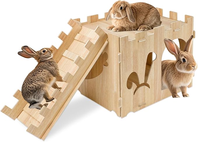 YUEPET Large Wooden Rabbit Castle with Ramp, Rabbit Pig Hideout Detachable Bunny House Indoor Small Animal Houses & Habitats for Adult Bunny Guinea Pig Chinchilla Hide Rest Play
