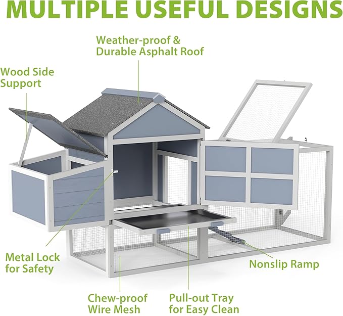 COZIWOW Outdoor Chicken Coop, Wooden Hen House with Nesting Box, Run, Resting Room, Ramp, Pull-Out Tray, Weatherproof, Patio Garden Pen Hutch for Ducks Poultry Pets, Easy to Clean, Gray (Normal)