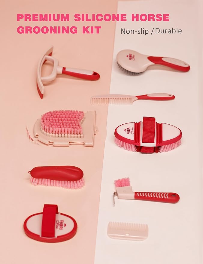 Horse Grooming Kit, 11-Piece Complete Grooming Supplies Set with Curry Comb, Brushes & Hoof Pick for Daily Care, Stable & Show Use Pink Garnet