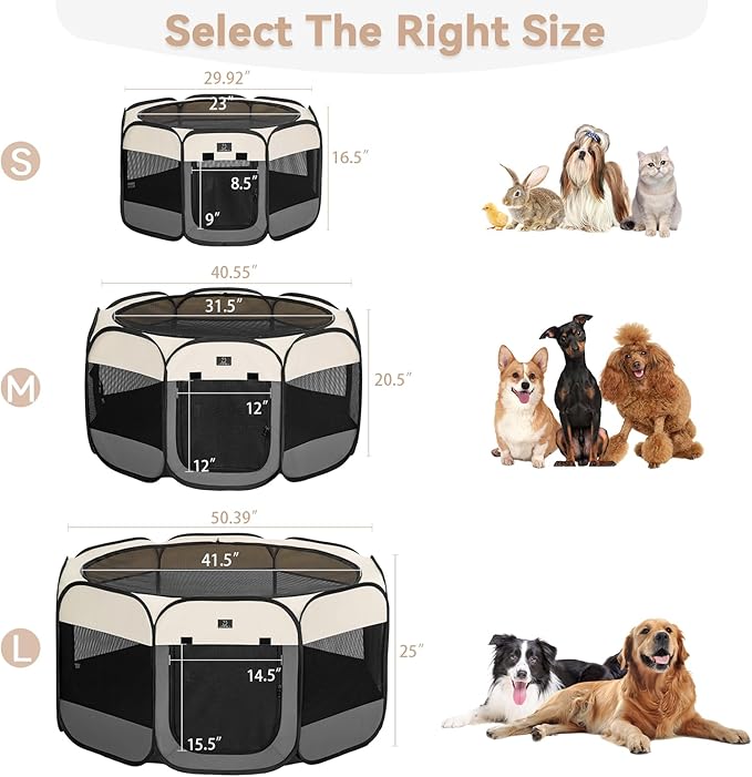 Dog Playpen for Small Dogs & Puppies, 40.55" Portable Indoor Outdoor Puppy Playpen with Bowl, Waterproof Floor, Foldable Pop-Up Pet Pen for Home, Travel & Daily Use, Grey+Beige