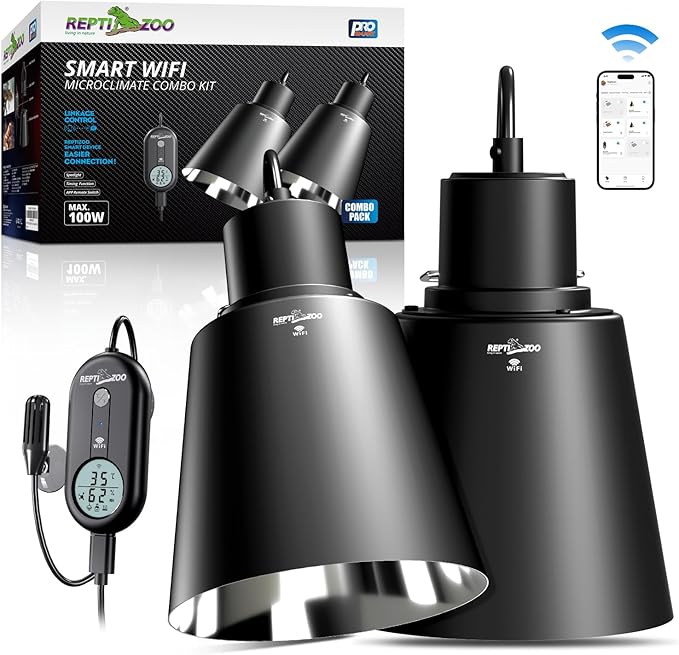REPTI ZOO Smart WiFi Deep Dome Lamp Fixture & Thermostat Hygrostat Controller with Timing Combo, Reptile Light Fixture Reflector Cap, Day-Night Temperature & Humidity Monitor Control for Reptile Tank