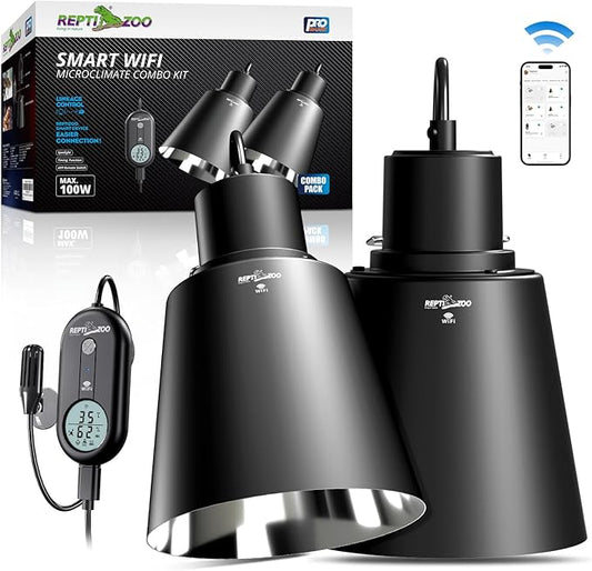 REPTI ZOO Smart WiFi Deep Dome Lamp Fixture & Thermostat Hygrostat Controller with Timing Combo, Reptile Light Fixture Reflector Cap, Day-Night Temperature & Humidity Monitor Control for Reptile Tank