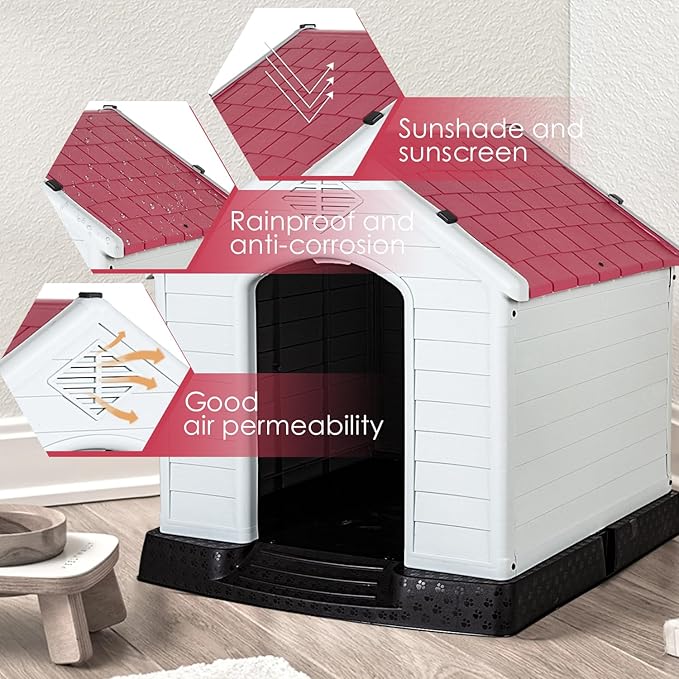 FDW Dog House Indoor Outdoor Durable Ventilate Waterproof Pet Plastic Dog House Puppy Shelter Kennel,Dark Red