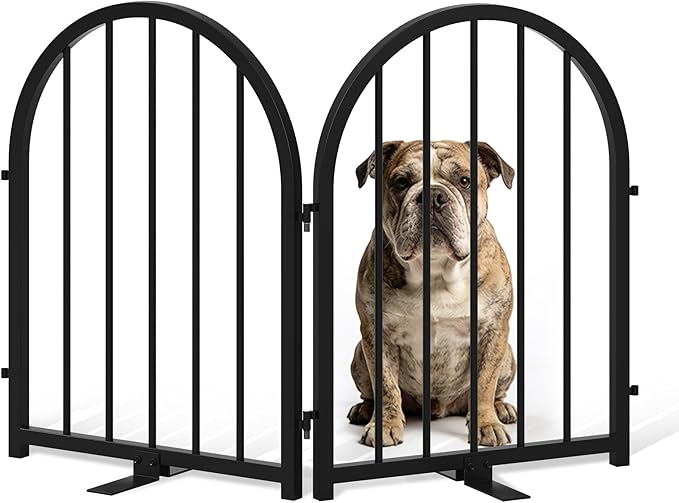 PUPETPO Full Metal Dog Gate for Indoor Outdoor, 24" Tall Free Standing Pet Dog Fence, 36" Wide Arched Pet Gates for Stairs, Hallways, Doorways, Kitchen, Decks, Yards (Black, 2 Panels)