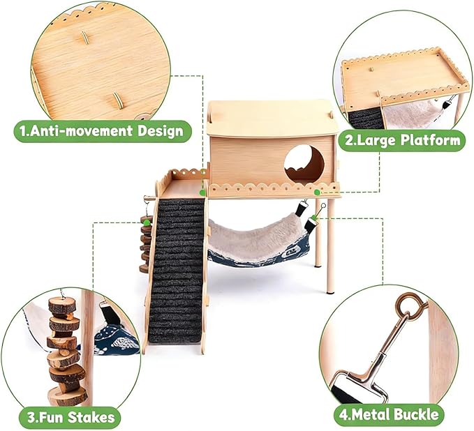 Guinea Pig Hideout Wooden Guinea Pig Castle with Stair, Hammock and House Detachable Double-Decker Guinea Pigs House for Guinea Pigs Hamsters Rabbit Chinchilla Small Animal Hiding Sleeping Activities