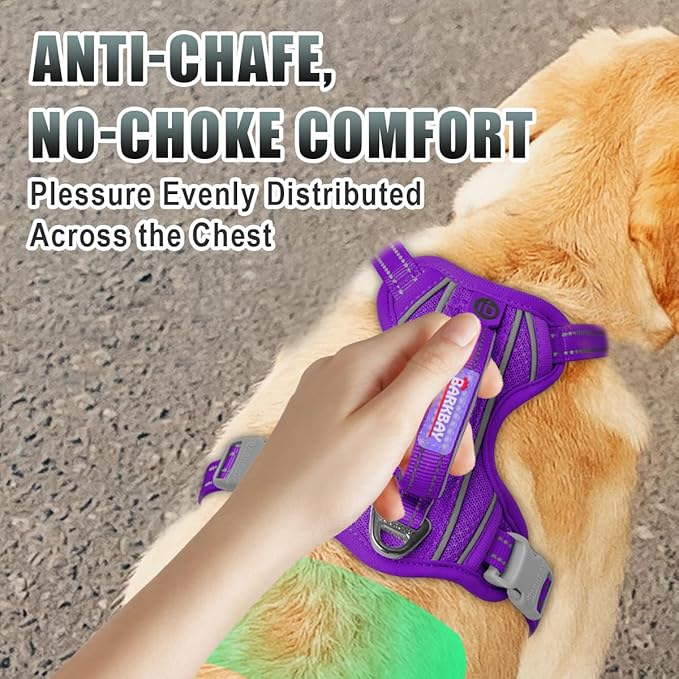 BARKBAY No Pull Dog Harness Large Reflective Dog Harness with Front Clip and Easy Control Handle for Walking Training Running with ID tag Pocket(Purple,XL)