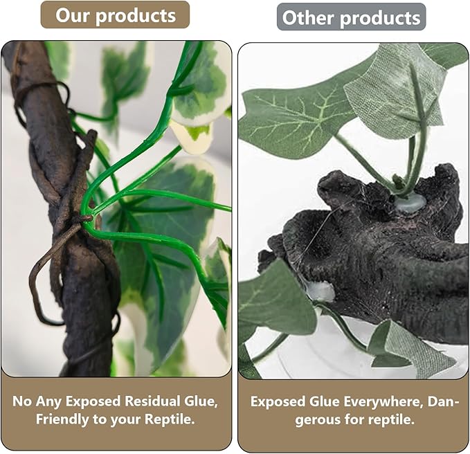 BNOSDM 2PCS Reptile Climbing Branch, Bendable Jungle Vine with Leaves Terrarium Plant Decoration with Suction Cup Chameleon Cage Accessories for Gecko Lizard Bearded Dragons Snake (White Vein Ivy)