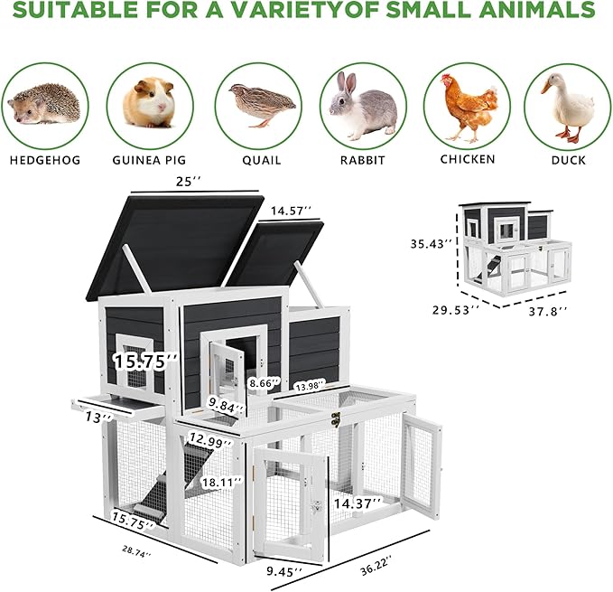 Small Chicken Coop for 2 Chickens,Wooden Chicken Coops with Nesting Boxes Indoor Outdoor,Bunny House Rabbit Hutch Poultry Pet Run Cage with 2 Waterproof Roof, Stairs&Leak-Proof-Tray (White)