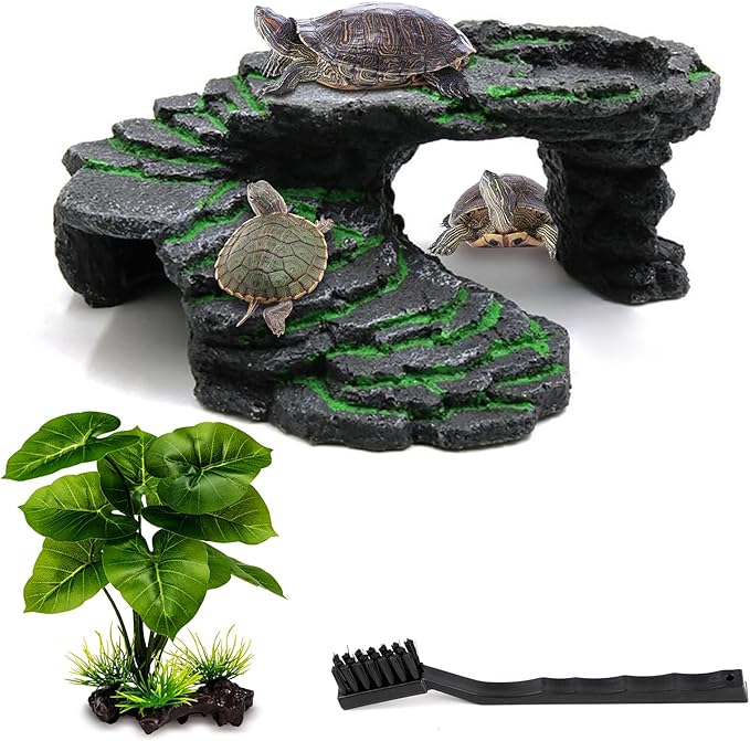 MoonOrange Turtle Basking Platform Kit, Reptile Habitat Hideout, Decorative Resin for Aquarium & Terrarium, Including Artificial Plant and Cleaning Brush. (B-Medium-Black)