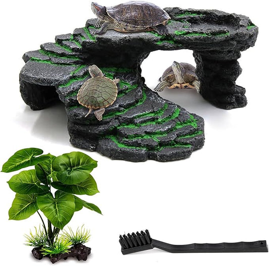 MoonOrange Turtle Basking Platform Kit, Reptile Habitat Hideout, Decorative Resin for Aquarium & Terrarium, Including Artificial Plant and Cleaning Brush. (B-Medium-Black)
