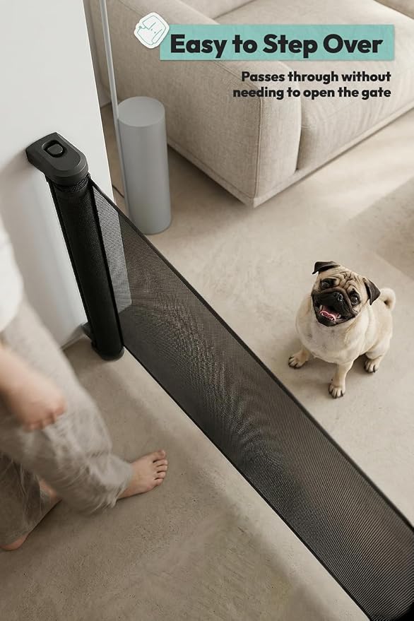 15.7" H Mesh Short Dog Gate, Extends Up to 59" W Retractable Pet Gate with Drill Installation, Small Dog Gate for Stairs, Easy Step Over Low Puppy Gate for Doorways Indoor Outdoor, Black