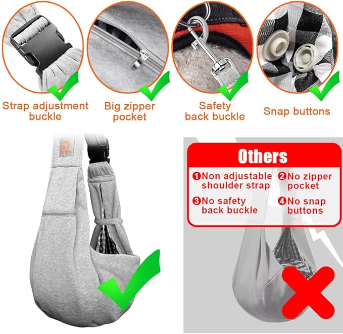 Tomkas Small Dog Sling Carrier - Zipper Pocket & Adjustable Strap & Zip Pocket - for 3-10 lbs Pets (Grey, M - Classic Pocket & Classic Strap)