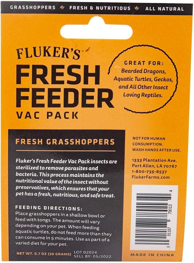 Fluker's Fresh Feeder Vac Pack Grasshoppers, All Natural and Preservative Free, Great for Insect Eating Reptiles, Birds, or Small Animals, 0.7 oz (Pack of 5)