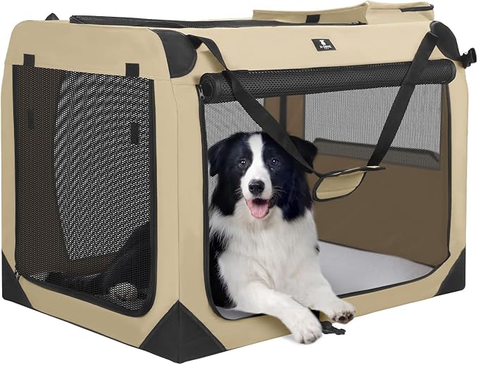 X-ZONE PET Dog Crate 3-Door Kennel, Collapsible Portable Soft Sided Pet Carriers for Indoor & Outdoor, Multiple (40-Inch, Rice White)