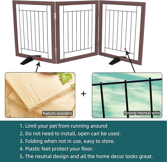 ZJSF Freestanding Dog Gate Indoor, Foldable Dog Fence for Doorways,Hallways or Stairs, Sturdy Wood Extra Wide Pet Gate with Support Feet,Brown,24 "Height-3 Panels