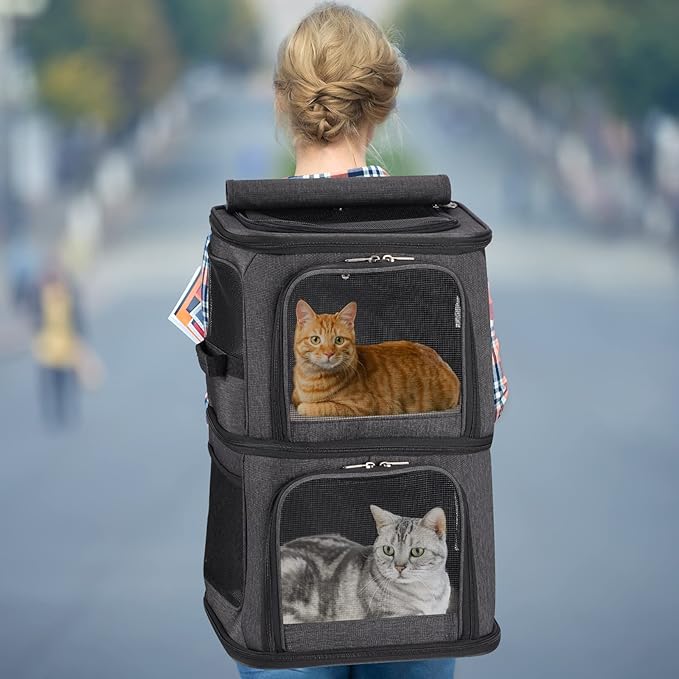2-in-1 Double Pet Carrier Backpack for Small Cats and Dogs, Portable Pet Travel Carrier, Super Ventilated Design, Ideal for Traveling/Hiking/Camping, Black