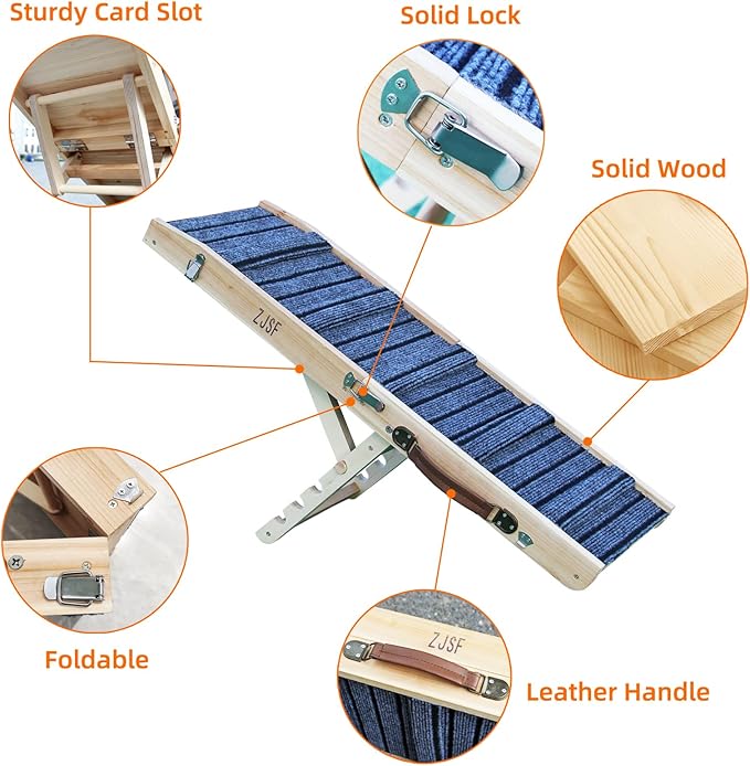 ZJSF Foldable Wooden Dog Ramp for High Bed, Dog Stairs for Small Dogs, High Traction Platform with 4 Adjustable Heights (14"-19.7"), 33", Supports up to 70 lbs