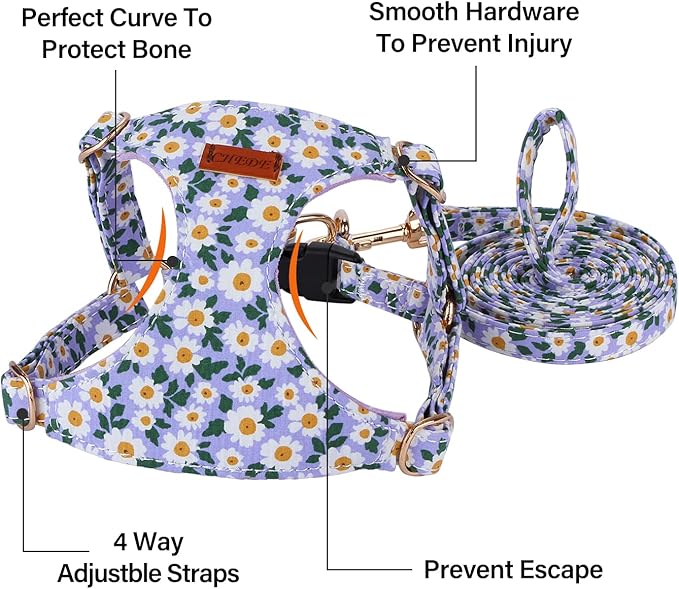 CHEDE No Pull Floral Pattern Dog Harness- Lightweight and Soft Harness, Adjustable Small Dog Harness and Leash Set, with Dog Leash, Suitable for Puppy Small and Medium-Sized Dog (S, Purple Daisy)