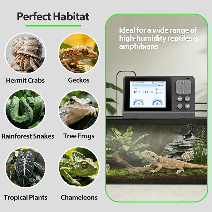 J&A Reptile Mister Automatic Misting System with Temp & Humidity Probe, Adjustable Spray Nozzles, Quiet Operation for Reptile Tank & Terrarium, Suitable for Lizards, Chameleon, Snakes (Grey & Black)