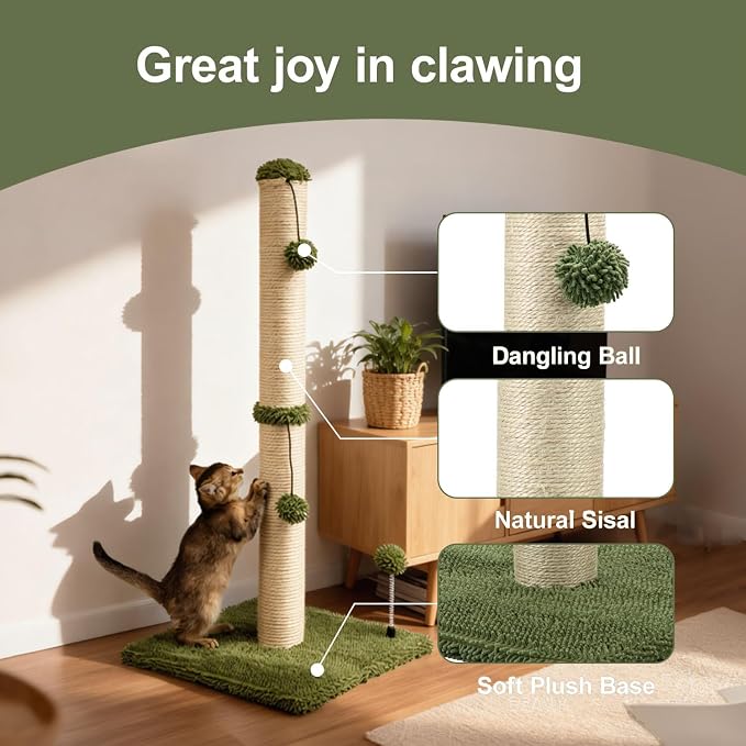 MECOOL 34“ Tall Cat Scratching Post Premium Basics Kitten Scratcher Sisal Scratch Posts Trees with Hanging Ball for Indoor Cats (34 inches for Adult Cats, Cactus Green) - Image 2