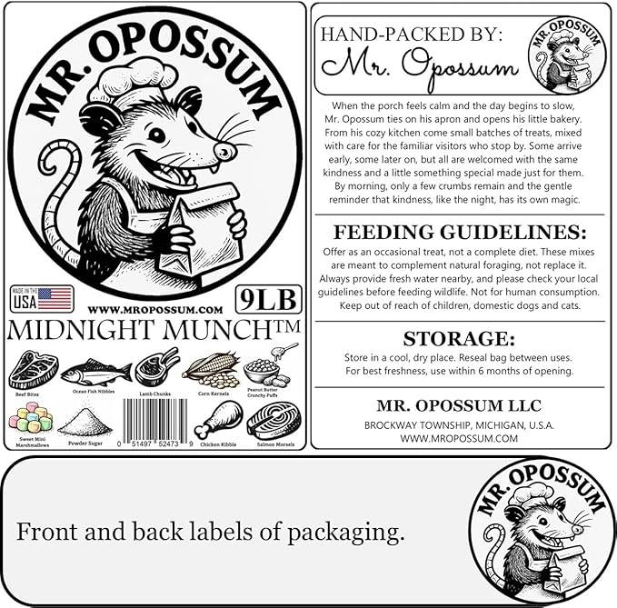 Midnight Munch™ Raccoon and Opossum Food Wildlife Treat Blend Multi Protein Backyard Wildlife Feeding Mix with Beef Lamb Chicken Salmon Corn Peanut Butter Puffs & Marshmallows (9 lb Pail)