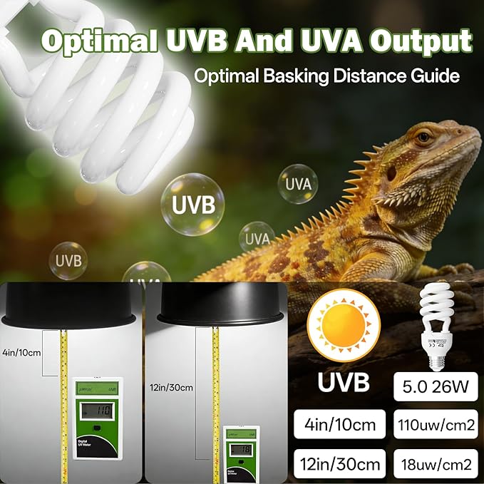 UVB Reptile Light 5.0: 26W Tropical & Subtropical UVA UVB Reptile Light Bulb, UVB Light for Reptiles Compact Fluorescent Terrarium Lamp,UVB Bulb for Chameleon Turtle Gecko Include UV Sensor Card