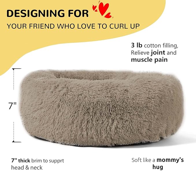 HACHIKITTY Calming Donut Cuddler Dog Bed, Round Fluffy Pet Bed with Sewn-in Cushionfor Large Dogs,Washable, Large, Taupe, 30''