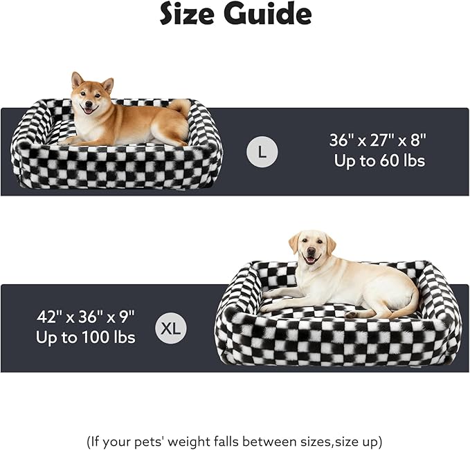 JOEJOY Dog Bed Medium Size Dog, Removable Washable Cover Orthopedic Soft Pet Bed, Anti-Slip Fluffy Plush Faux Rabbit Fur Puppy Bed, 30"x24"x8", Checkered, Black
