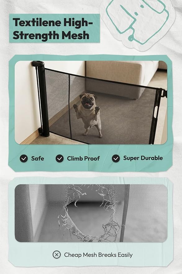 15.7" H Mesh Short Dog Gate, Extends Up to 59" W Retractable Pet Gate with Drill Installation, Small Dog Gate for Stairs, Easy Step Over Low Puppy Gate for Doorways Indoor Outdoor, Black