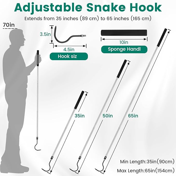 Snake Hook, 35"-65" Reptile Snake Hook Heavy Duty Long for Ball Python Rattlesnakes Rattle Copperhead Removal with Sponge Grip and Stainless Steel Rubber Tip Hook