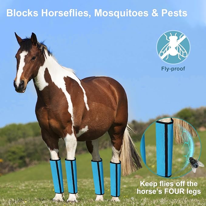 Fly Boots for Horses Set of 4 Breathable Textilene Mesh Horse Fly Boots with Stable Support & UV Protection, Comfortable Equine Boots, Reduces Stomping, Leg Fatigue & Hoof Damage.(Blue)