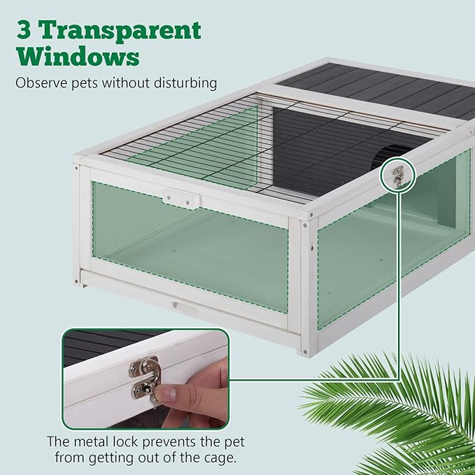 Wooden Tortoise Habitat Indoor & Outdoor Large Transparent Tortoise Enclosure in Gray with Rest Area, Activity Area and Removable Tray for Small and Medium-Sized Animals