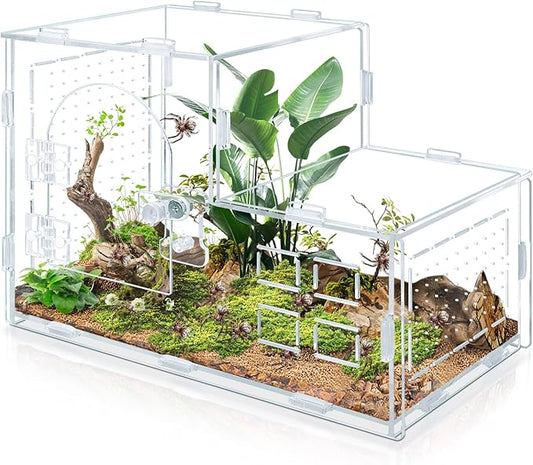 Acrylic Jumping Spider Enclosure, Clear Ventilated Spider Terrarium with Snap-on Front Door, 9.8×5.5×6.8in Reptile Habitat for Snails, Mantises, Small Tarantulas and Small Tree Frogs