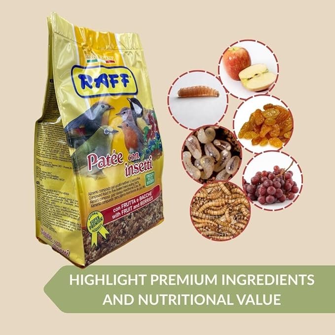 Raff Patee with Insects 400g – Fruit and Berries Soft Food for Canaries, Finches, and Exotic Birds - High Protein Breeding and Molting Diet – Easy to Digest and Versatile Use