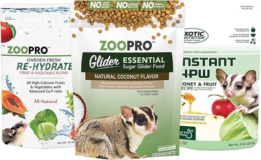 Exotic Nutrition Sugar Glider Essential Deluxe Food Starter Package - Chicken Based High Protein Kibble, Healthy Dried Vegetable Mix, Instant-HPW Enriched Powdered Diet