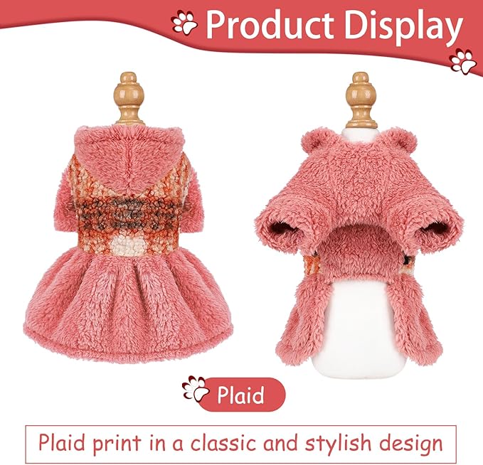 DaFuEn Dog Sweater,Dog Dress, Dog Sweaters Dresses for Small Dogs,Cute Warm Fleece Hooded Sweater for Small Dogs, Plaid Puppy Dresses Clothes Chihuahua Yorkie Cat Apparel （A-Pink,M