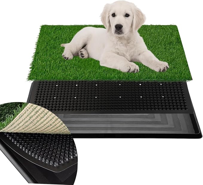 FluffyDream Dog Grass Pad with Tray, 16“x20 Artificial Grass for Dogs Potty, 3 Layered System Dog Potty Training Pad, Odor Free, Dogs Litter Box for Indoor Balcony