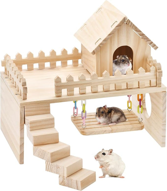 Wooden Hamster Hiding Place, Hamster Cabin with Ladder, Swing Platform Decoration, Detachable Small Animal cage Accessories, Suitable for mice, Sand Rats and Other Small Pets