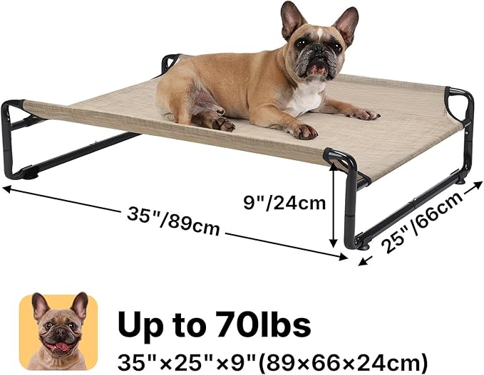 Veehoo 35" Medium Raised Dog Bed, Washable Dog Cot with Headrest Sides, Outdoor Elevated Dog Bed with Non-Skid Feet, Breathable Mesh, Portable Pet Hammock for Indoor or Camping, Beige