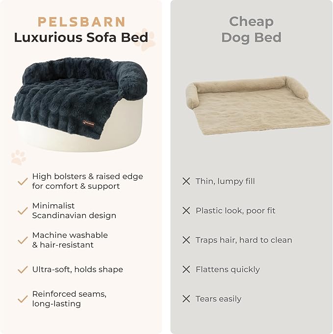 Pelsbarn Dog Bed for Couch, Luxurious Sofa Bed for Dogs with Non-Slip Oxford Bottom - Faux Rabbit Fur with Removable Cover, Large, Gray - 33x33 in