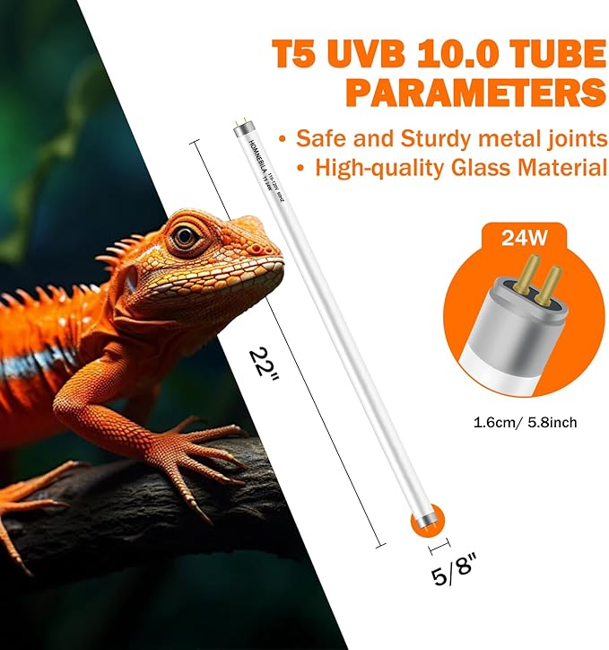 T5 10.0 UVB Reptile Light Bulb 24W, 2-Pack 22 Inch UVB/UVA Lamp Tube for Bearded Dragon, Lizards, Chameleons