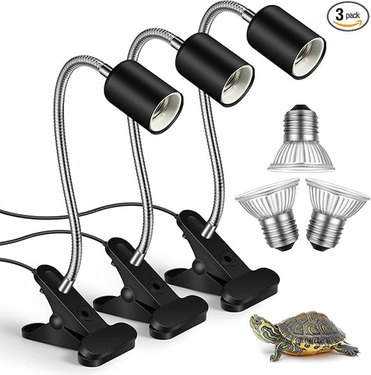 3 Set Reptile Heat Lamp UVA/UVB Turtle Heat Lamp Holder Fixture Clamp Basking Spot Adjustable 50w Full Spectrum Sun Sunbathe Bulb for Turtle Lizard Bearded Dragon Snake Aquarium Amphibian(Black)