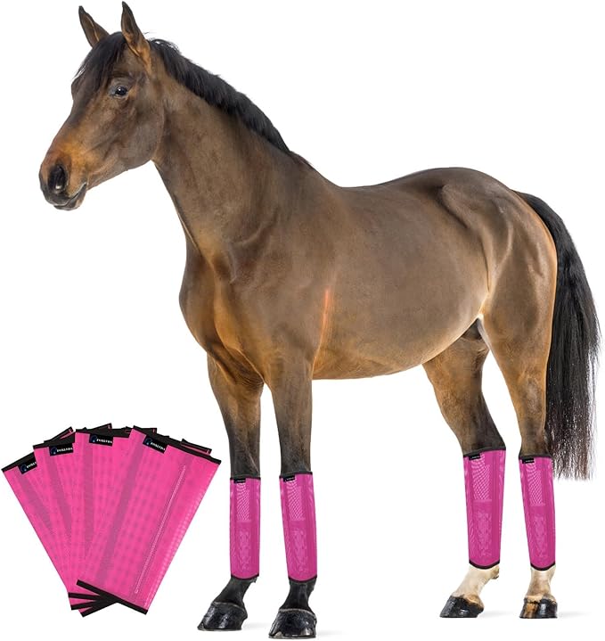 FOXLVDA Horse Fly Boots - Fly Boots for Horses Set of 4, Comfortable Horse Leggings, Mesh Material Design with Metal Support Bars for Reduces Stomping & Leg Fatigue (Pink, Medium)