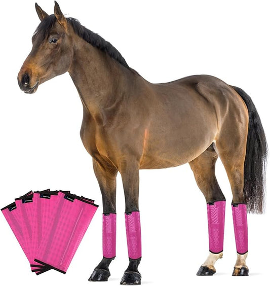 FOXLVDA Horse Fly Boots - Fly Boots for Horses Set of 4, Comfortable Horse Leggings, Mesh Material Design with Metal Support Bars for Reduces Stomping & Leg Fatigue (Pink, Medium)