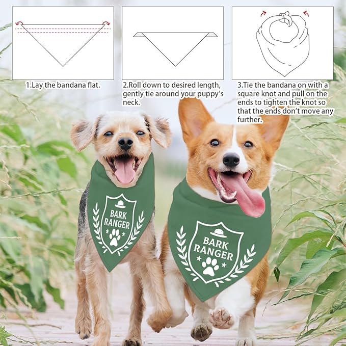 arricraft 1 Pc Pet Dog Bandana, Green Adjustable Triangle Pet's Bandana with Bark Ranger Words Shield Pattern Washable Cotton Scarf Bibs Kerchief for Dog Puppy Cat Kitten Pet 30.70x14.96inch(78x38cm)