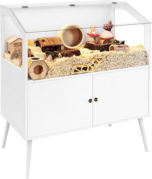 PROLEE Hamster Cage with Storage Cabinet,Large Hamster Encloure Chew Proof Wood,Clear View Hamster Habitat for Guinea Pig, Ferret, Rat, Hedgehog, 40" L x 20" W x 47" H (White)